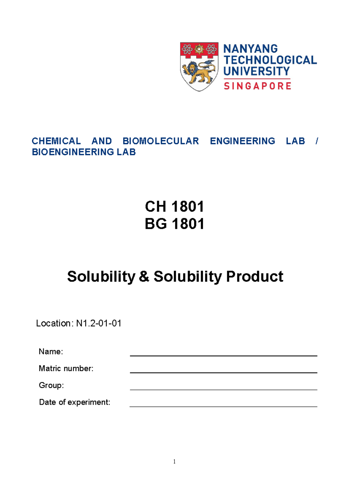 CH1801 C2 Solubility Product CHEMICAL AND BIOMOLECULAR ENGINEERING