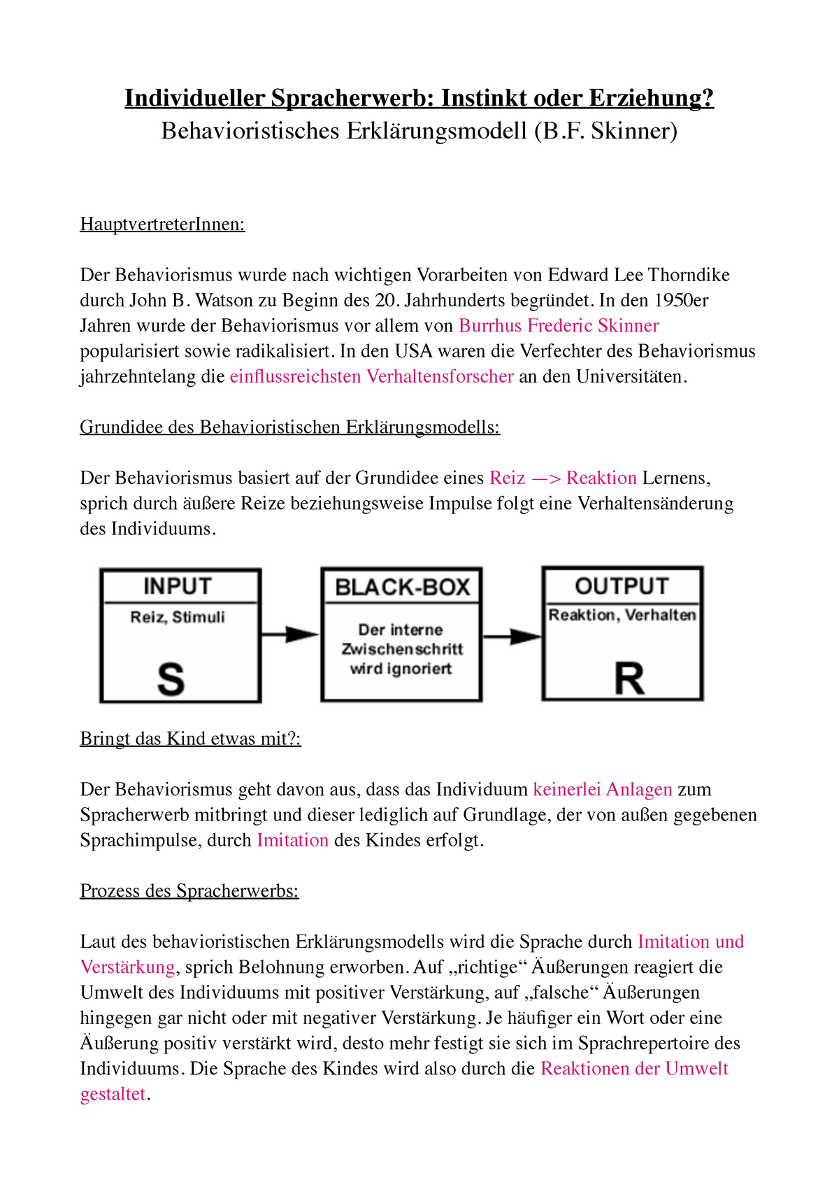 Spracherwerbstheorien - Behavioristisches Erklärungsmodell (B. Skinner ...