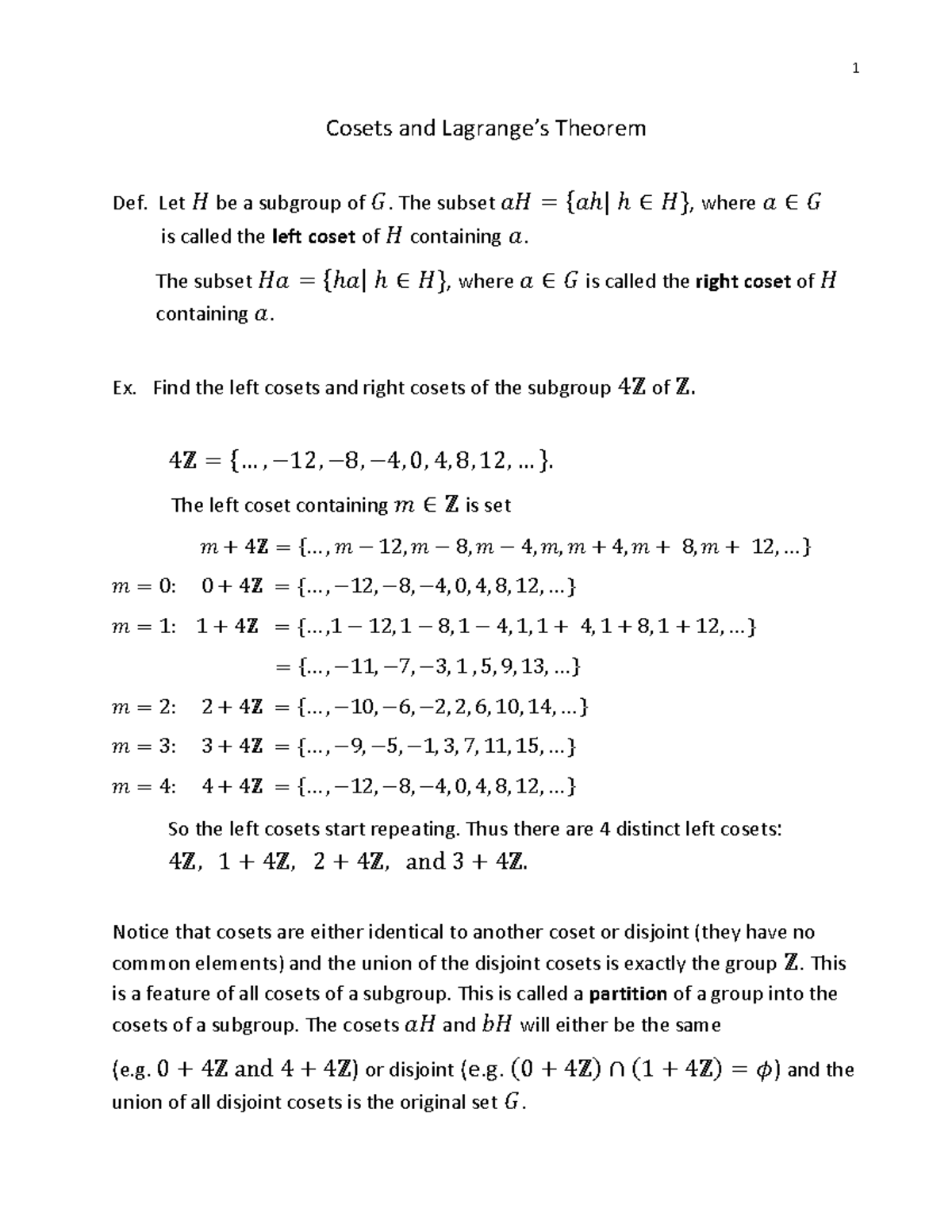 Cosets - Abstract Algebra - Cosets And Lagrange’s Theorem Def. Let 𝐻 Be ...