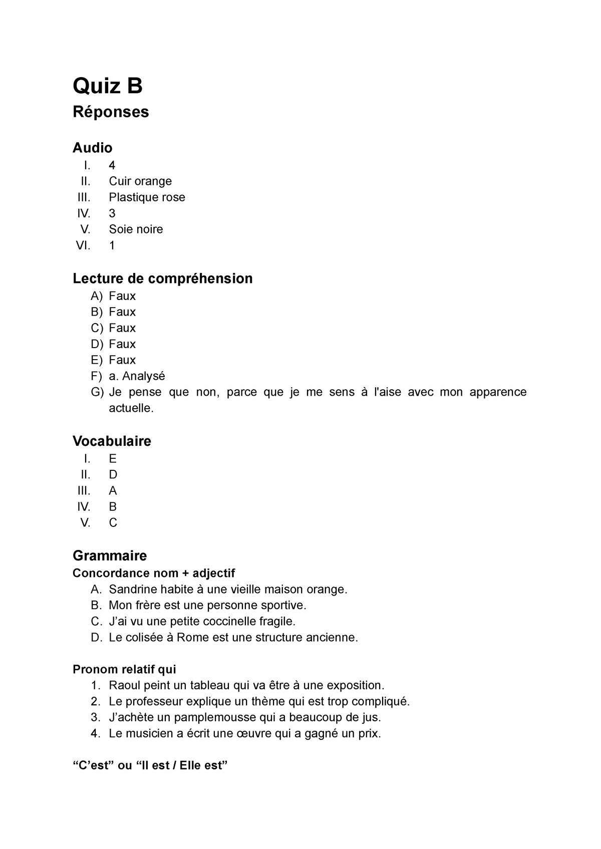 4 Quiz B Réponses - Cuarto Quiz Versión B De Francés III - Quiz B ...