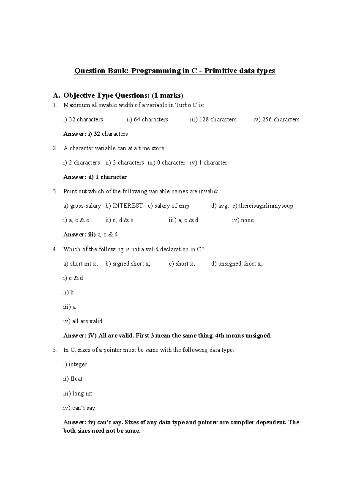 Primitive Data Types QB - Question Bank: Programming in C - Primitive ...