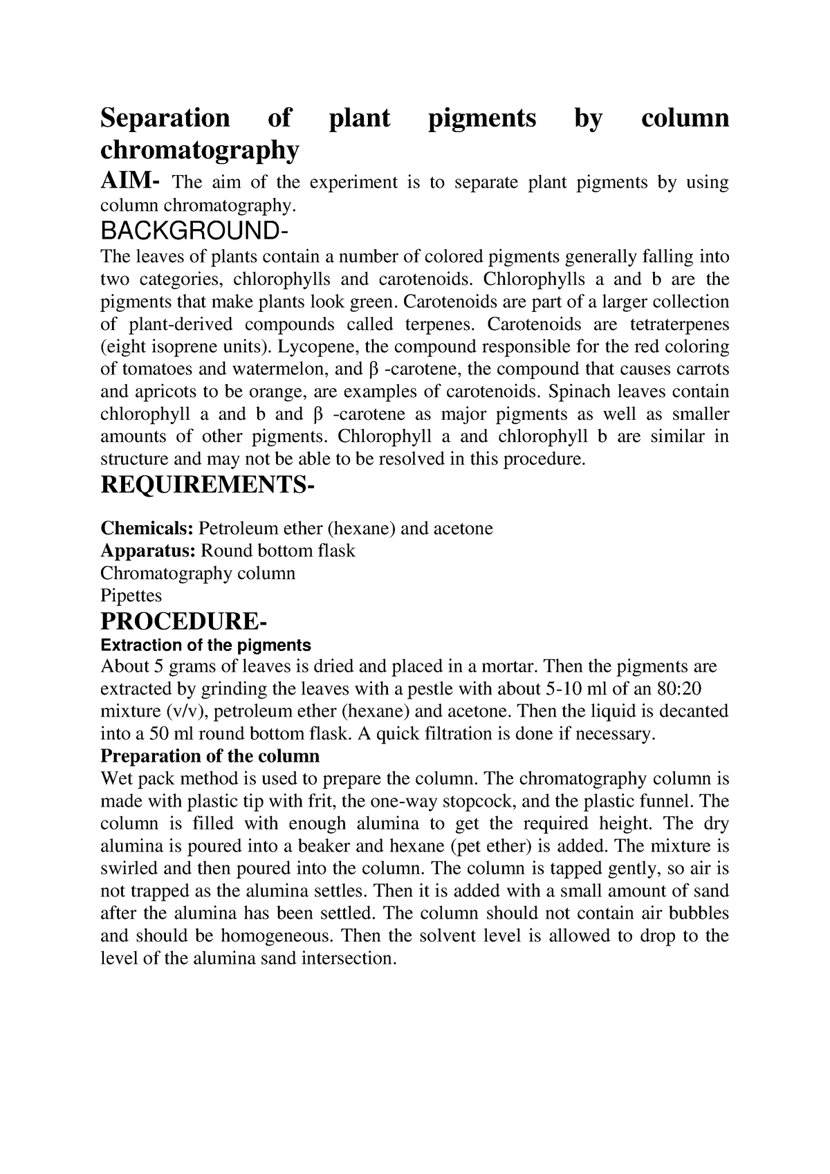 Separation Of Plant Pigments By Column Chromatography - BACKGROUND- The ...