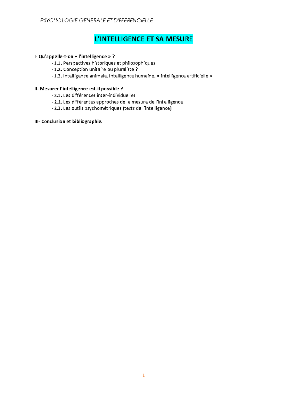 L'intelligence - Notes de cours 1 - Warning: TT: undefined function: 32 ...