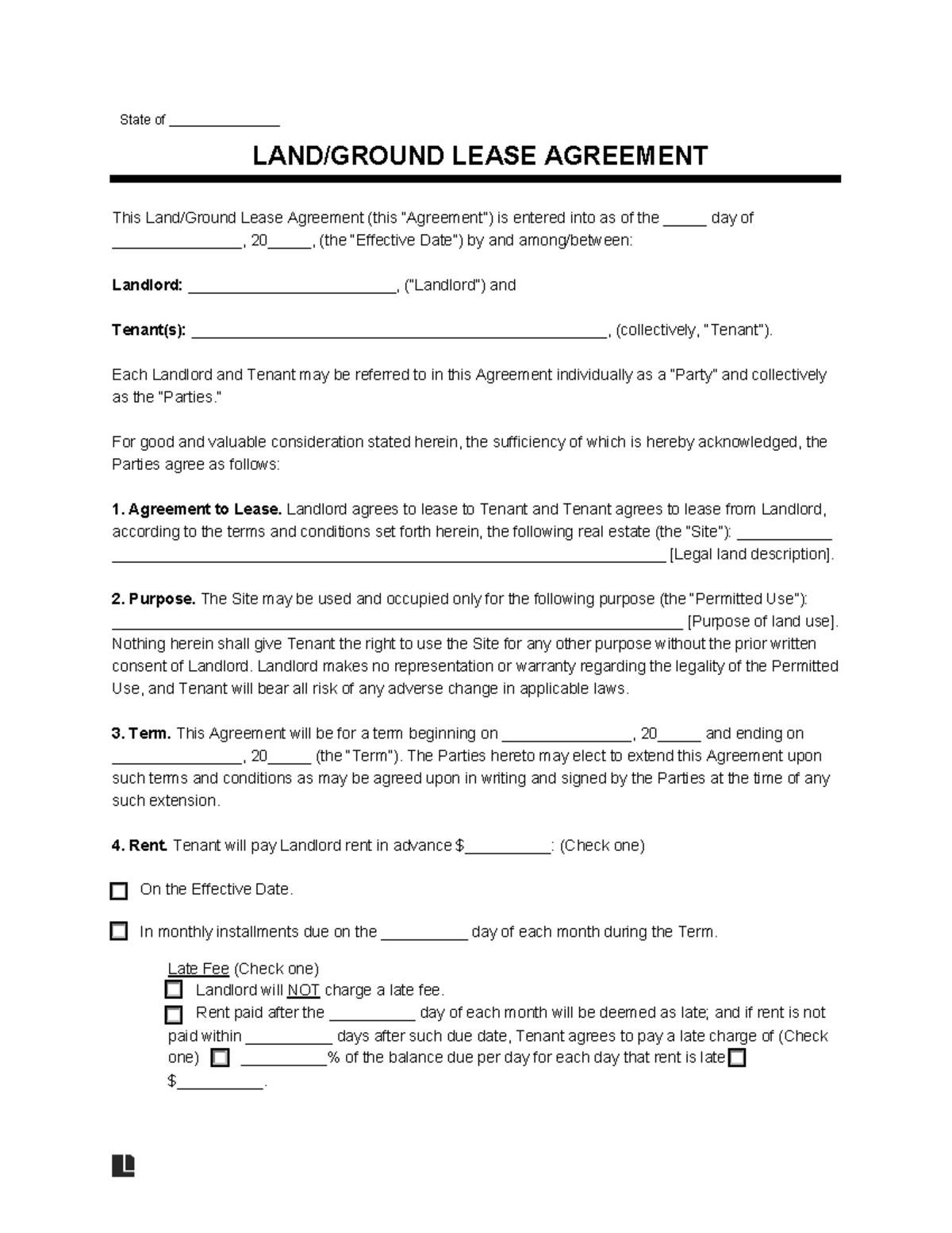 Land lease rental agreement State of _______________ LAND/GROUND