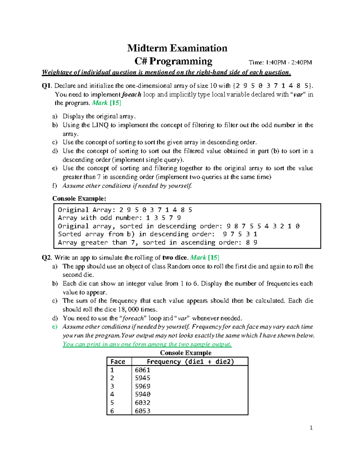 C# Midterm 2022 Final - Test - 1 Midterm Examination C# Programming ...