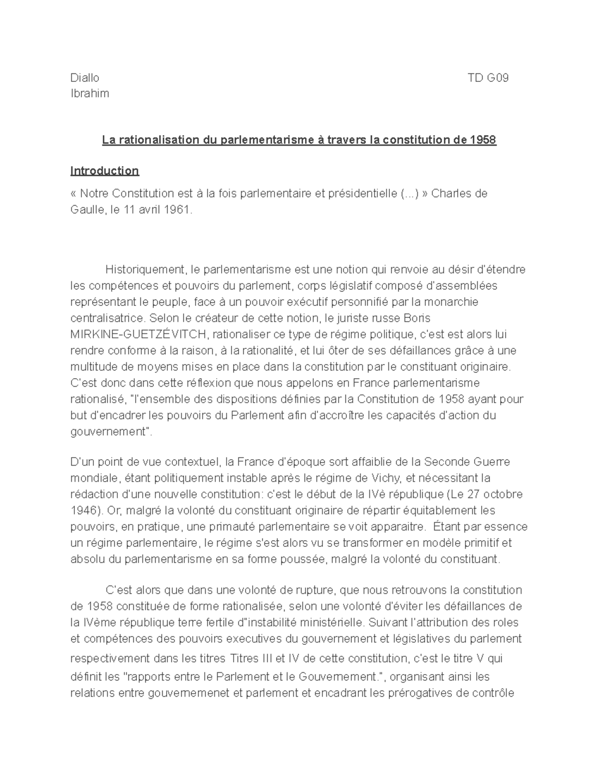 La Rationalisation Du Parlementarisme à Travers La Constitution De 1958 ...