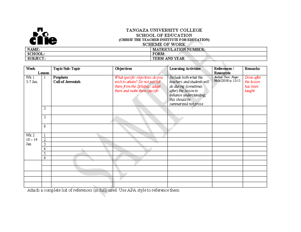 Scheme of work sample-4 - TANGAZA UNIVERSITY COLLEGE SCHOOL OF ...