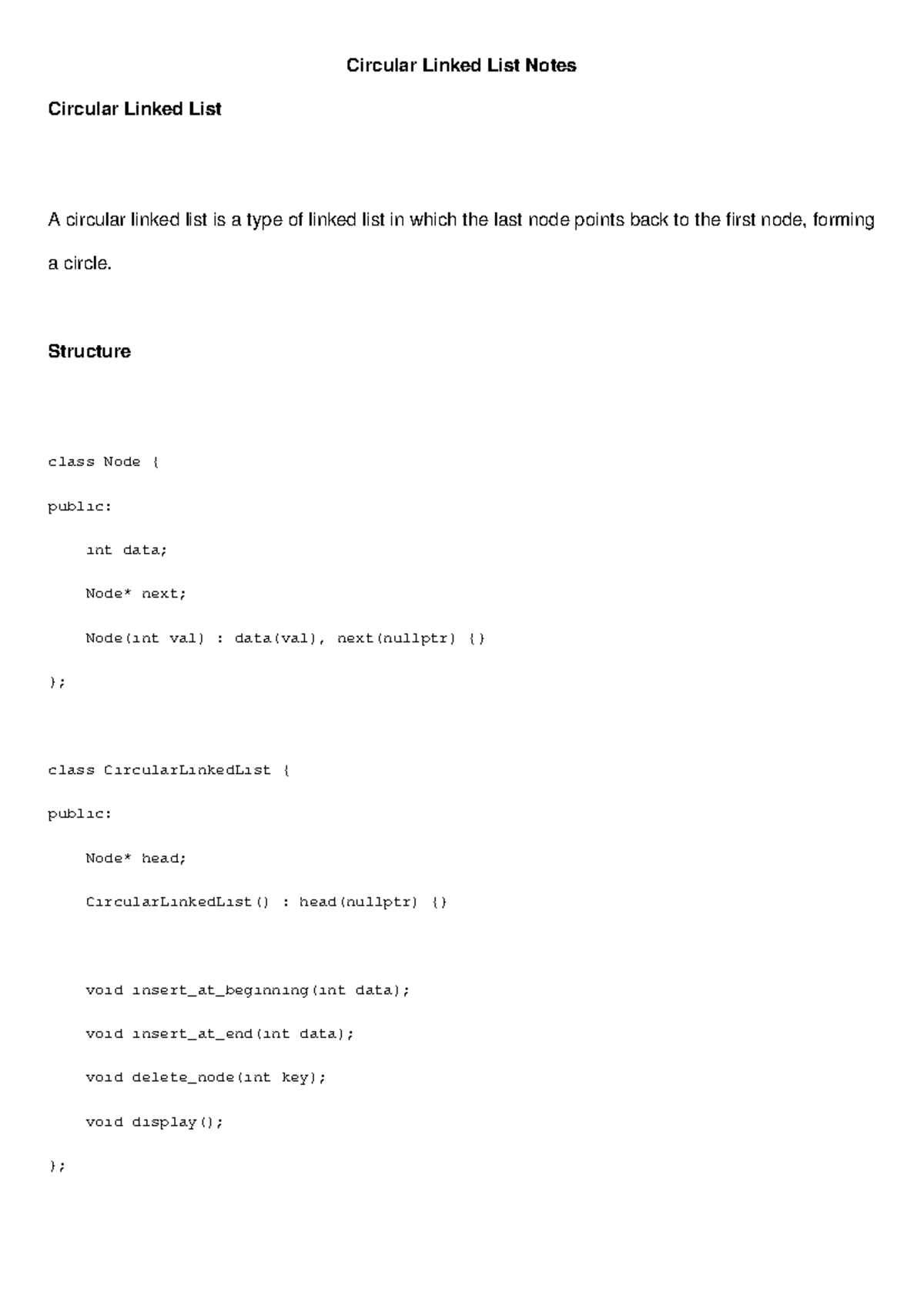 Circular Linked List Notes CPP - Circular Linked List A circular linked ...