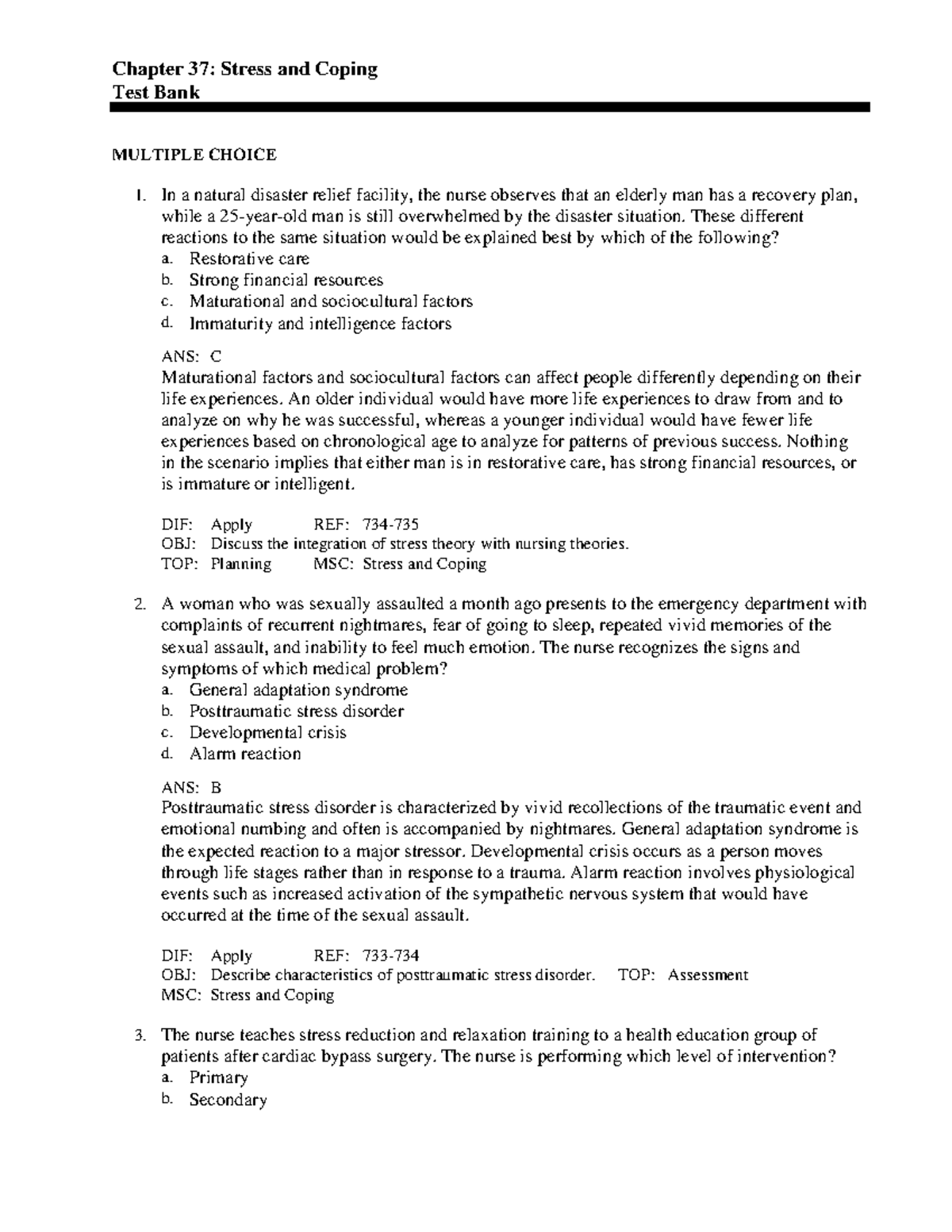 Chapter 37 - notes - Chapter 37: Stress and Coping Test Bank MULTIPLE ...