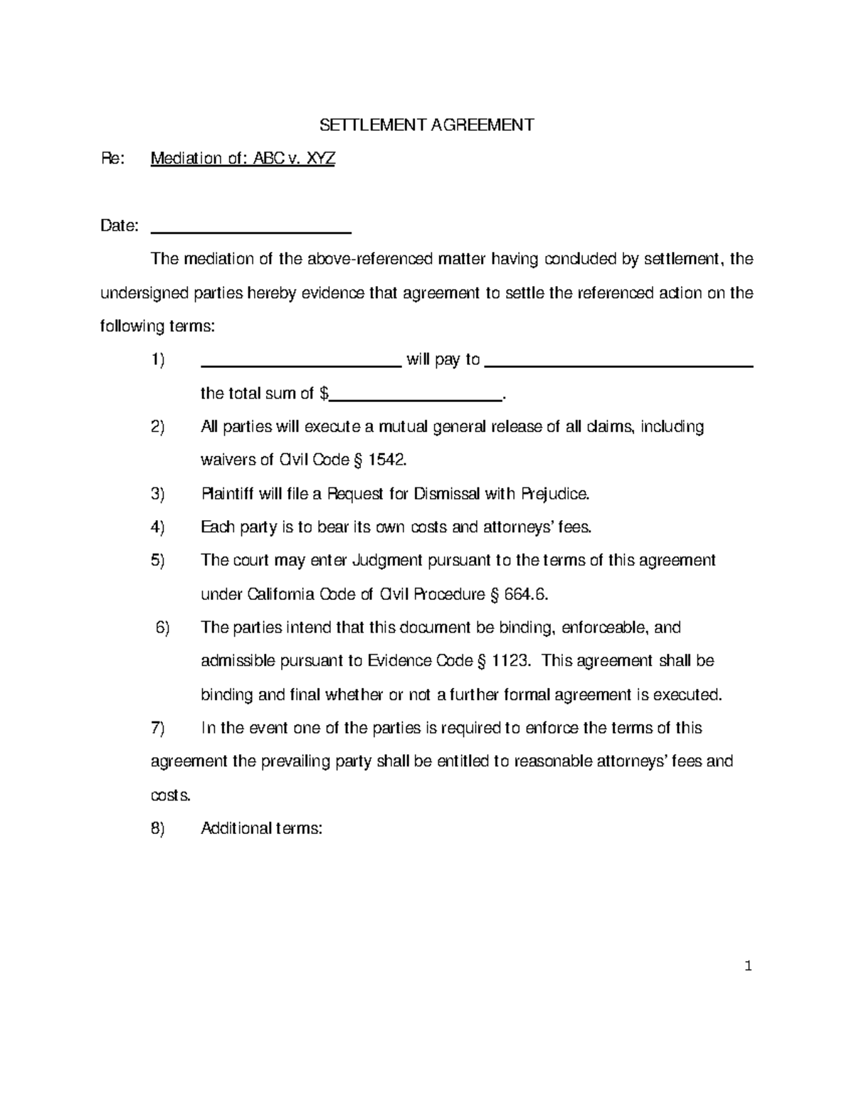 Settlement Agreement - 1 SETTLEMENT AGREEMENT Re: Mediation Of: ABC V ...