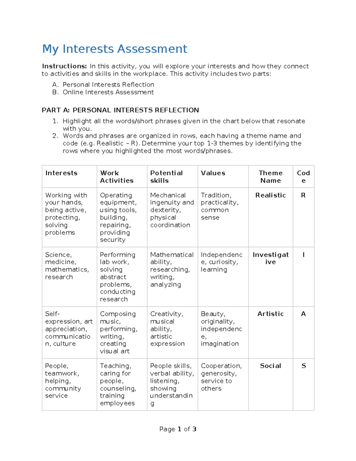 Worksheet 2 - notes - My Interests Assessment Instructions: In this ...