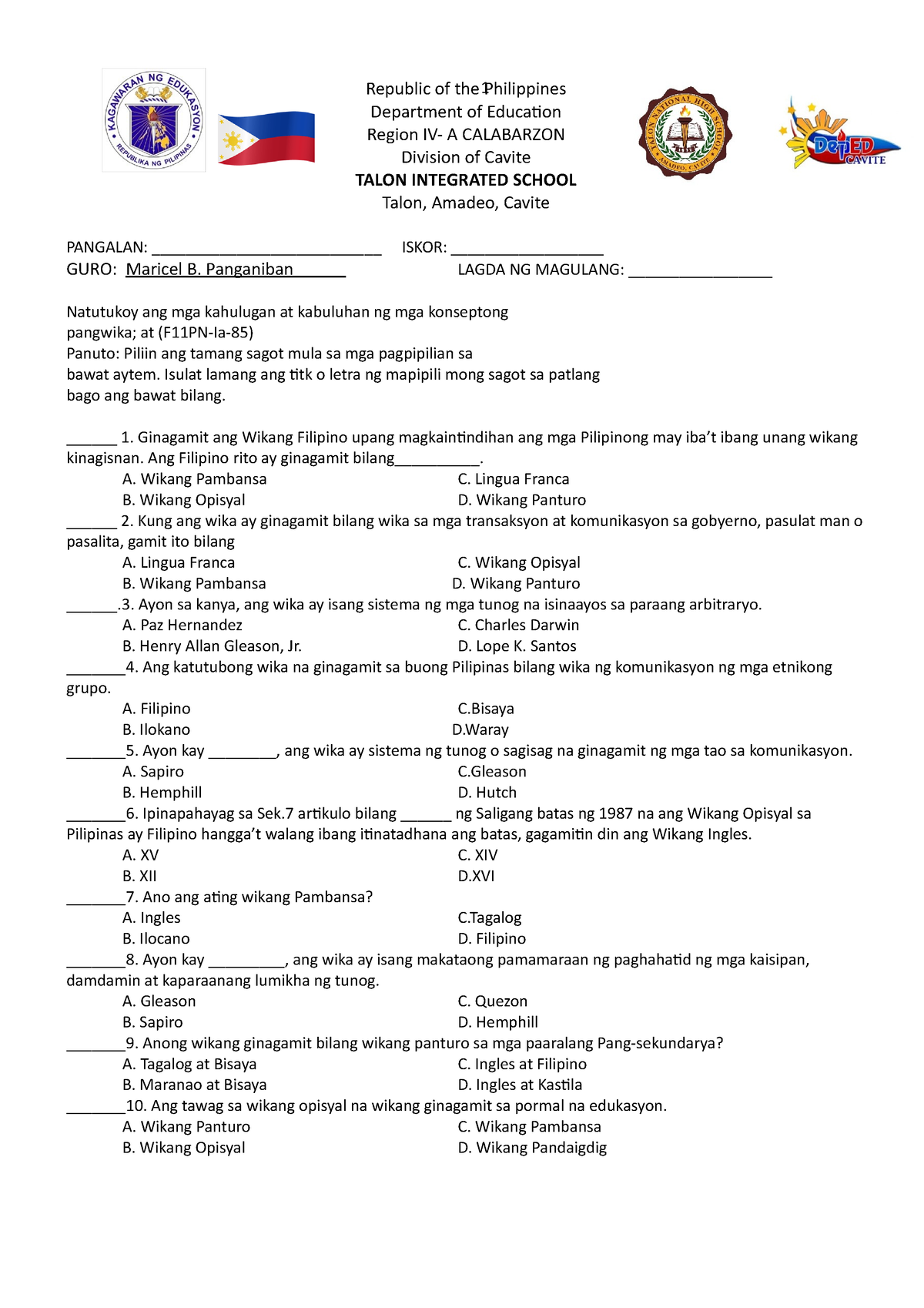 Worksheet 1 Q1 Kom Quiz With Melc Republic Of The Philippines Department Of Education Region 7278