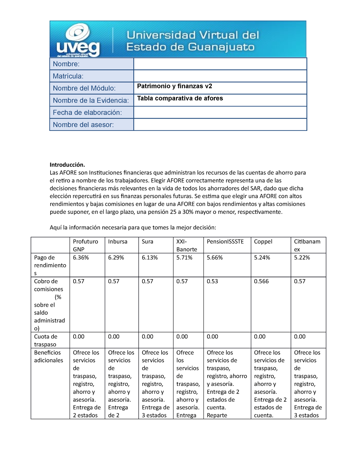 Py F Ea Tabla Comparativa De Afores Nombre Matr Cula Nombre Del