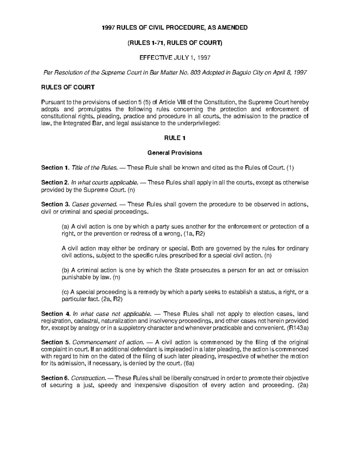 1997 Rules OF Civil Procedure 1997 RULES OF CIVIL PROCEDURE, AS