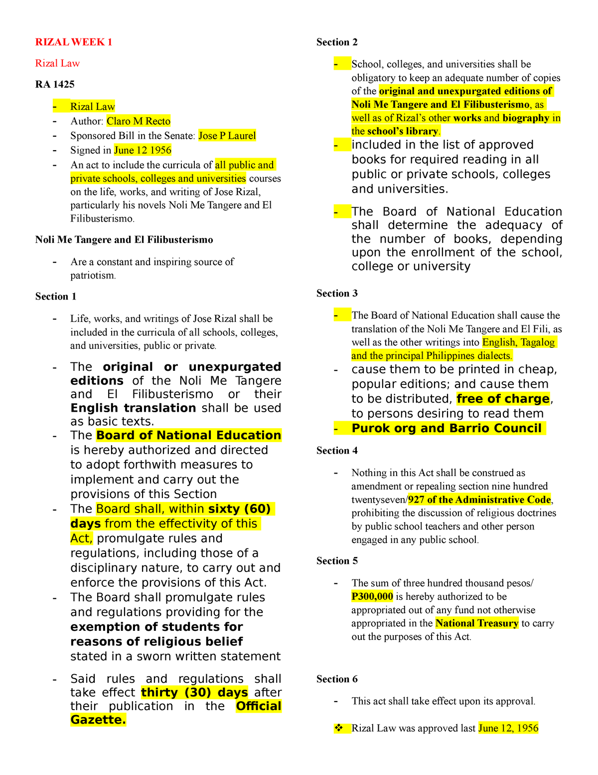 CU 1- RZL] - Rizal CU1 - RIZAL WEEK 1 Rizal Law RA 1425 - Rizal Law ...