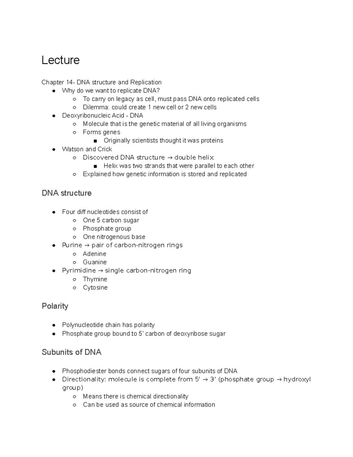 Bio 10 20 Lecture Notes - Lecture Chapter 14- DNA structure and ...