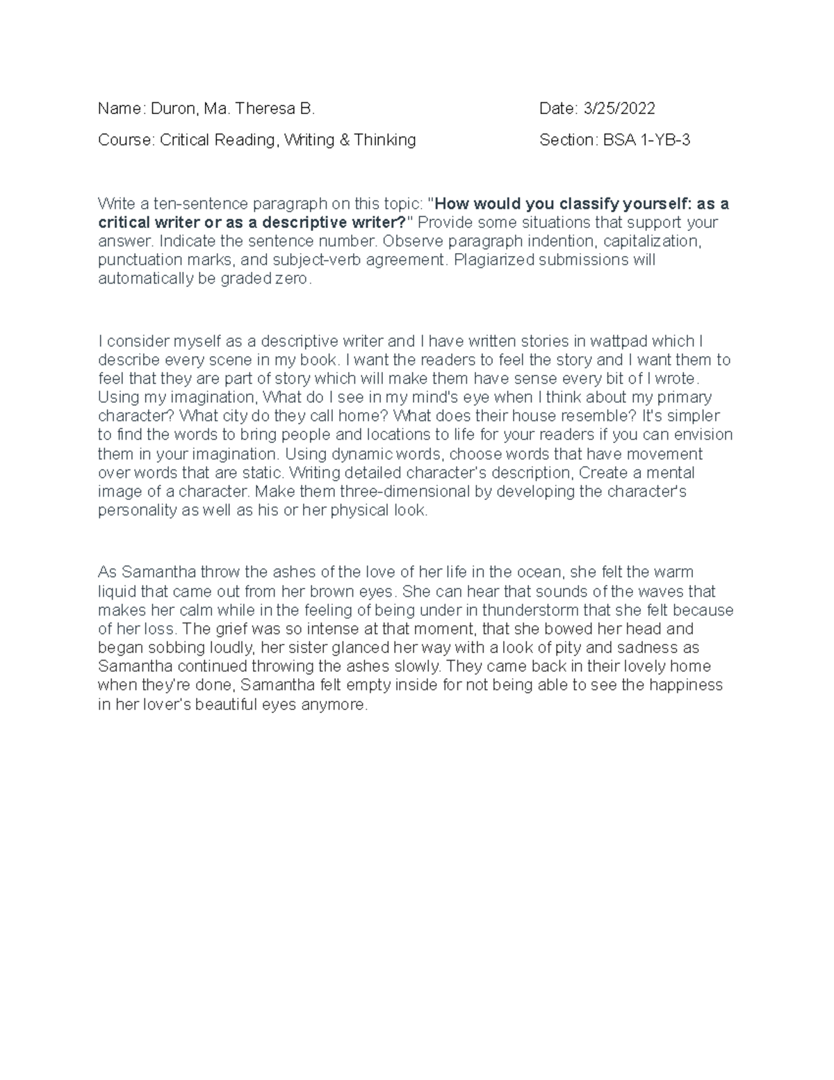 Assignment No.4 The Nature of the Critical Writing - Name: Duron, Ma ...