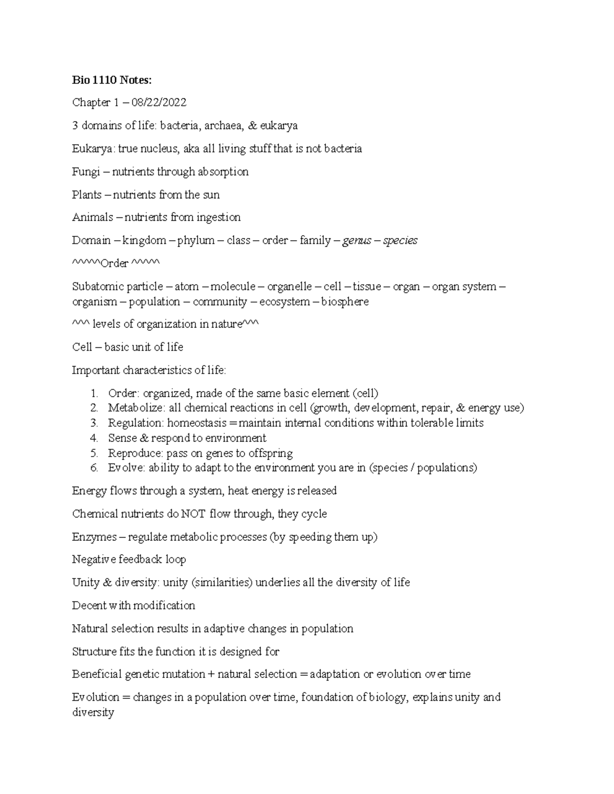 Bio 1110 Notes - Bio 1110 Notes: Chapter 1 – 08/22/ 3 domains of life ...