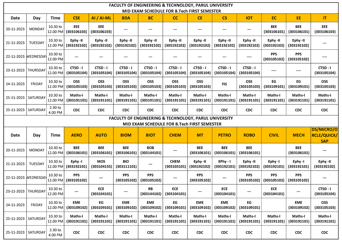 Btech 1st Sem MID SEM Exam Schedule - Date Day Time CSE AI / AI-ML BDA ...