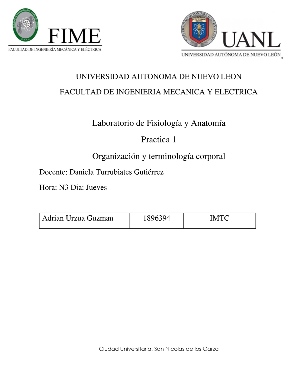 P1 Lab Fisio 1896394 - Practicas - UNIVERSIDAD AUTONOMA DE NUEVO LEON ...