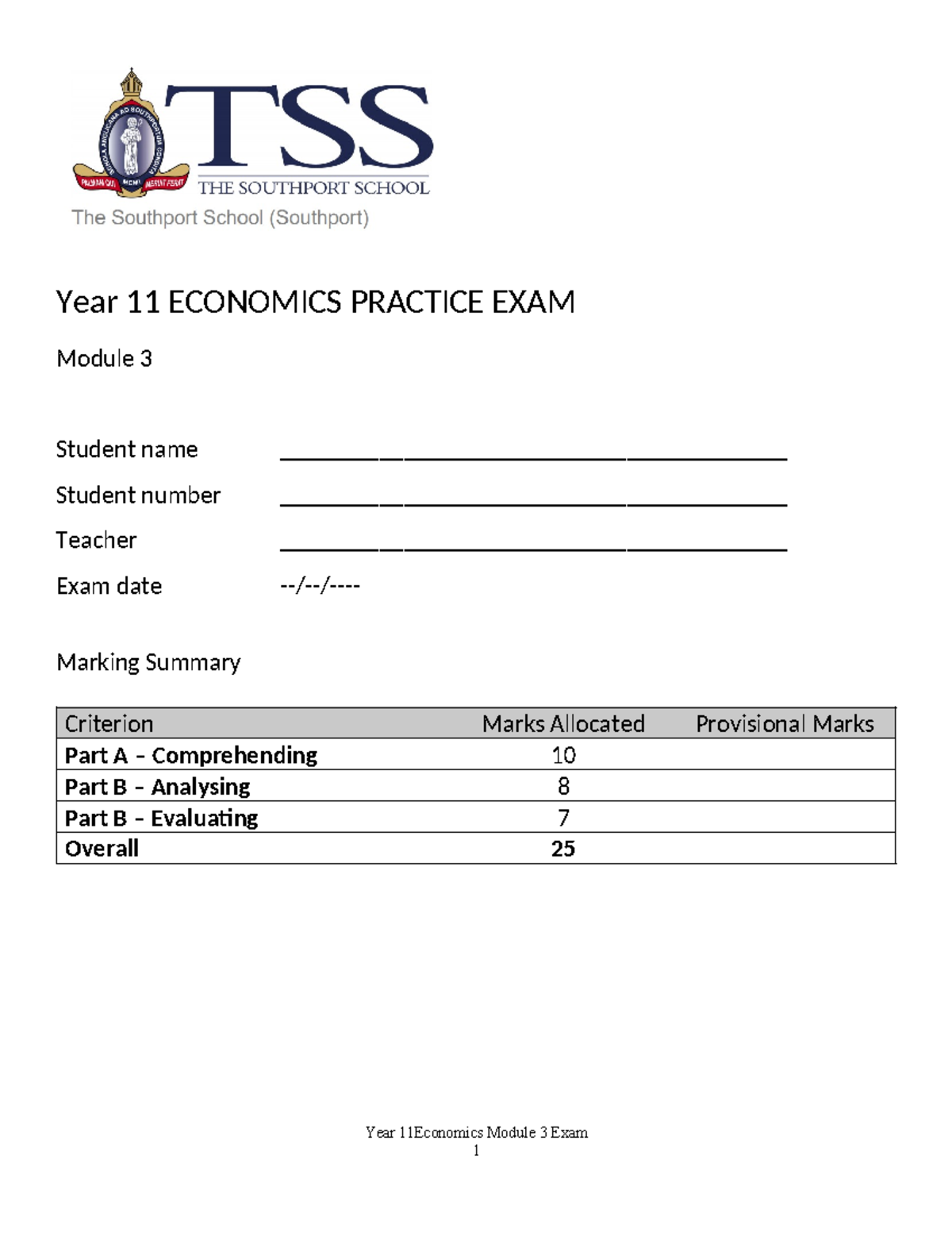 Unit 2 Topic 1 Practice Exam - Year 11 ECONOMICS PRACTICE EXAM Module 3 ...