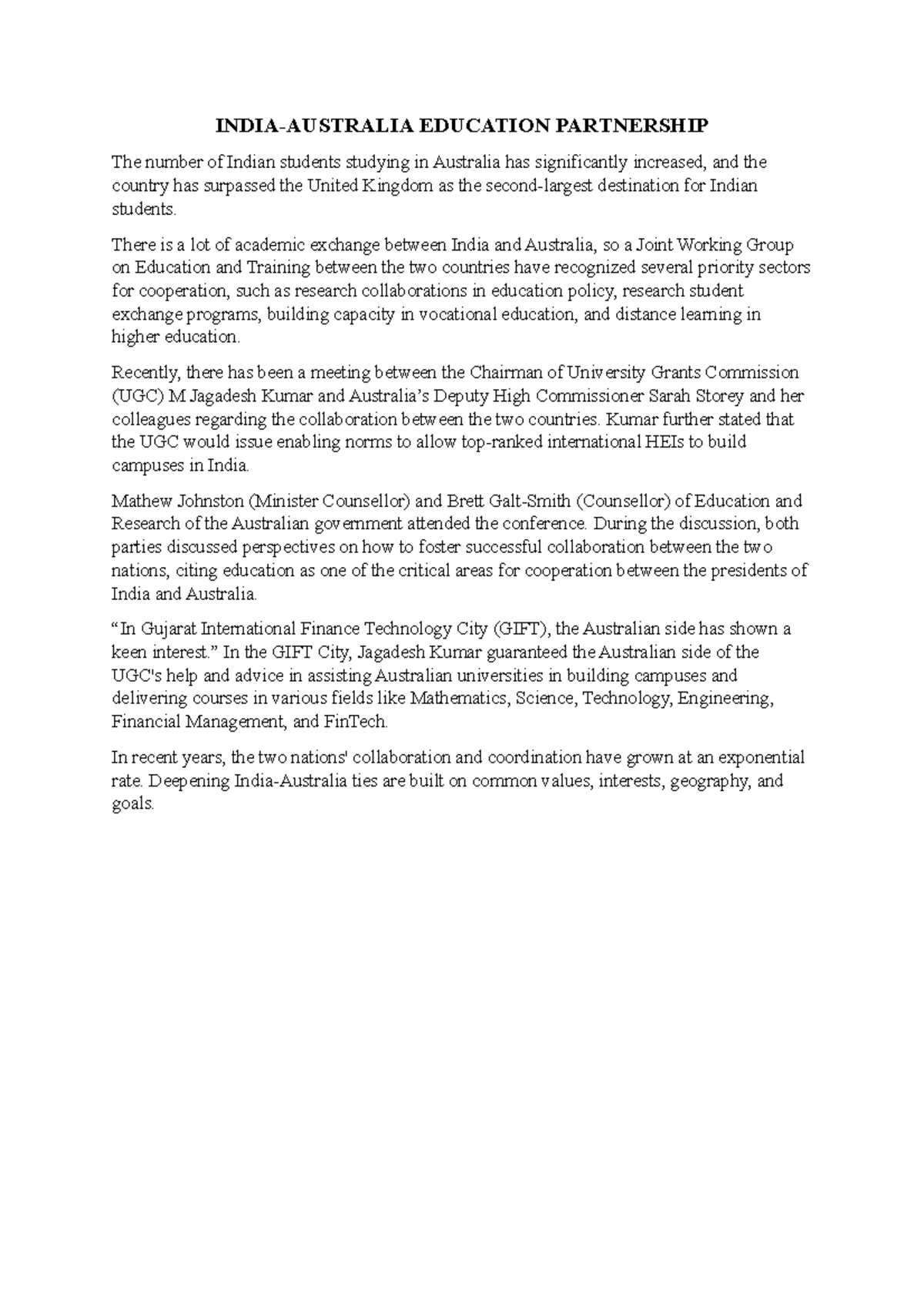 Collaboration Between India AND Australia FOR THE Betterment IN