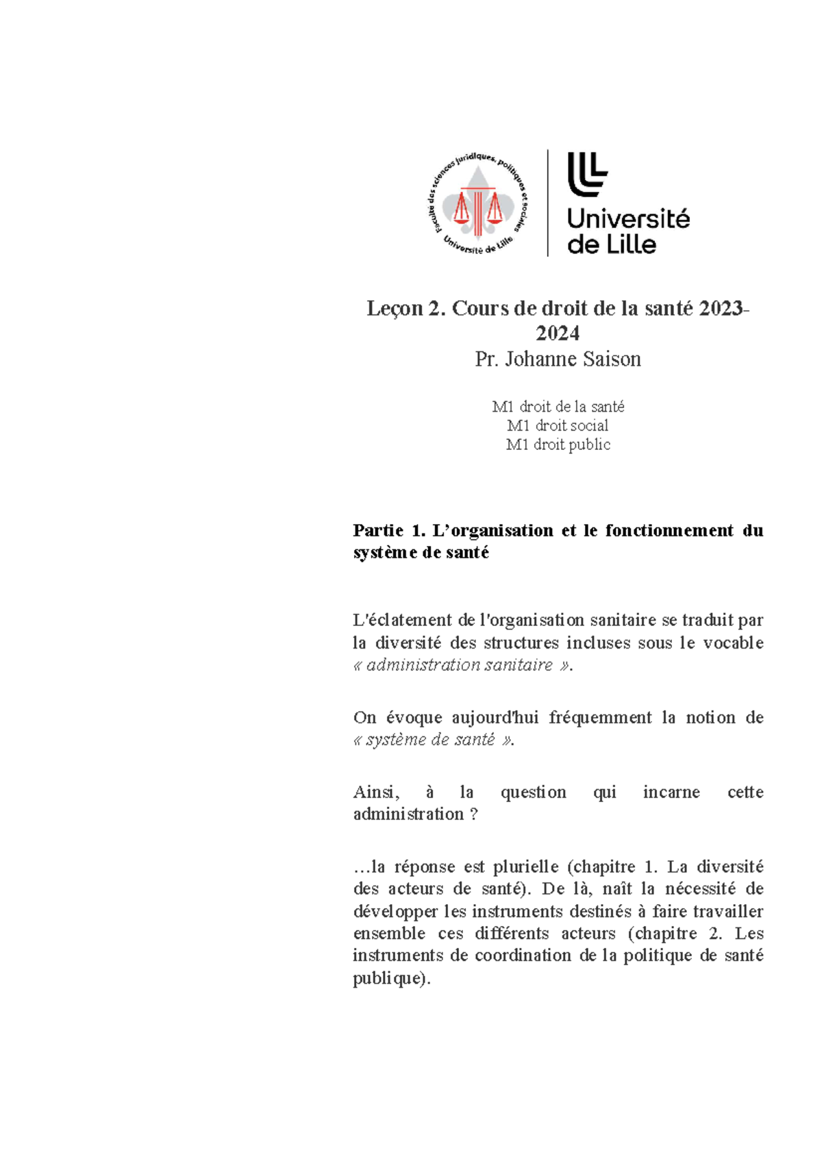 Leçon 2 droit de la santé - Leçon 2. Cours de droit de la santé 2023 ...