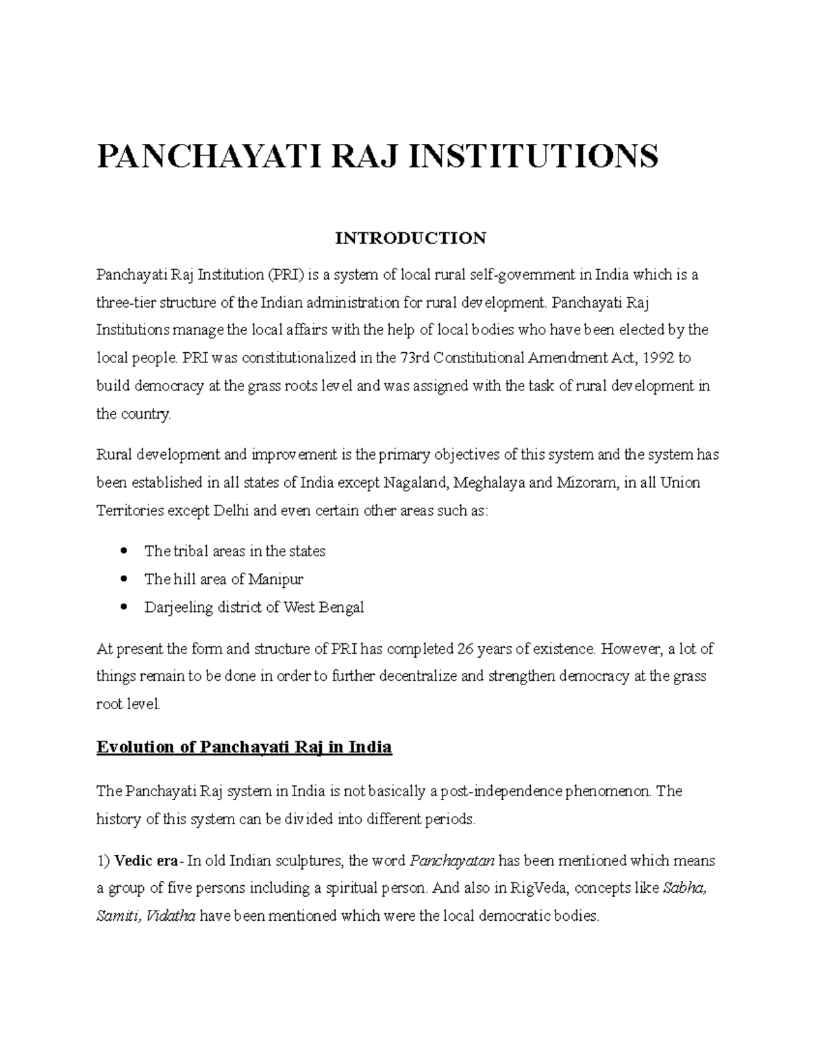 Panchayati Raj Institutions - PANCHAYATI RAJ INSTITUTIONS INTRODUCTION ...