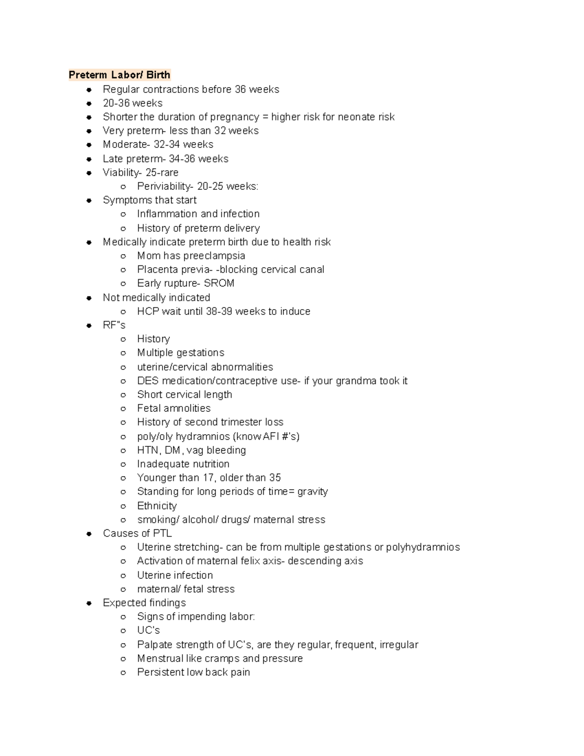 Week 5 notes - wesdrfghj - Preterm Labor/ Birth Regular contractions ...