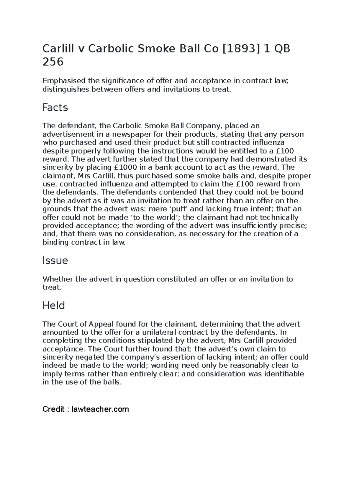 Carlill v Carbolic Smoke Ball Co - Facts The defendant, the Carbolic ...