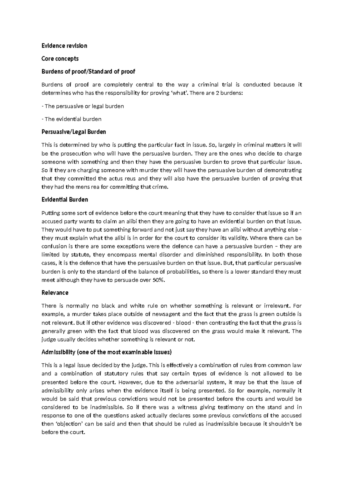 Evidence revision - Evidence revision Core concepts Burdens of proof ...