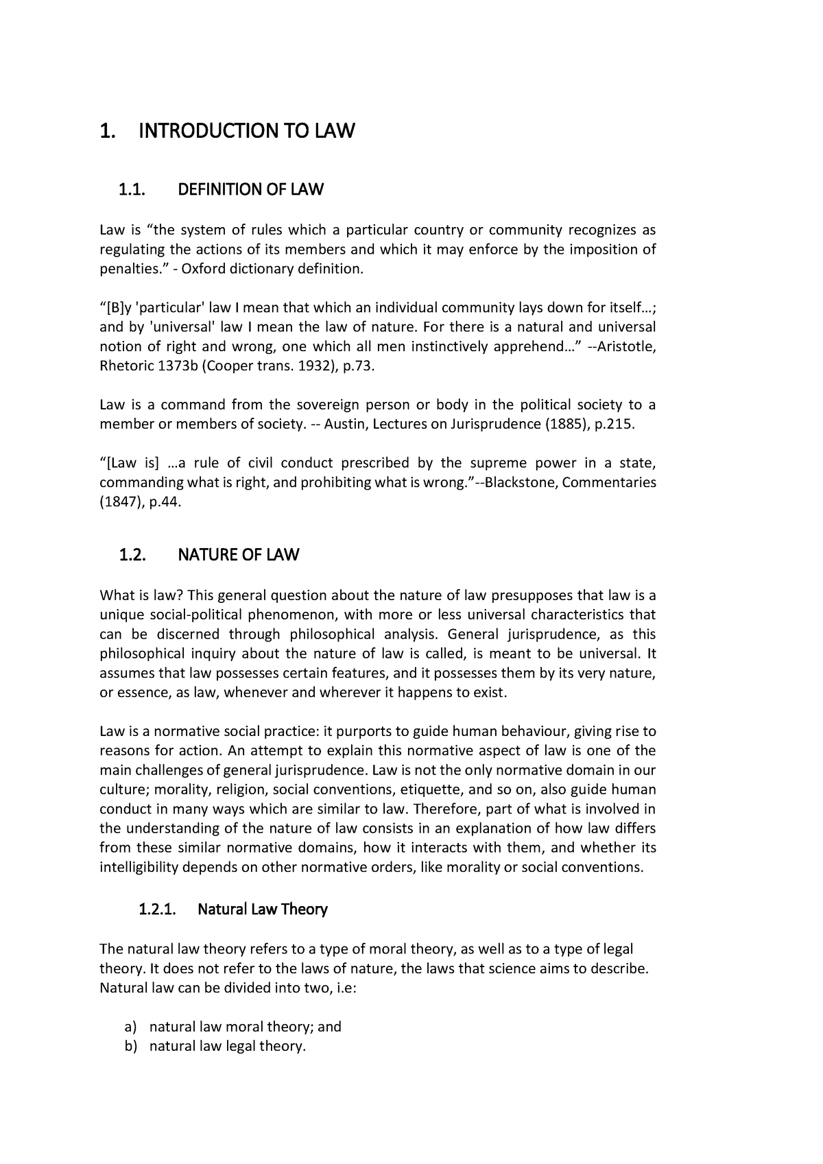 Introduction to law - Notes - 1. INTRODUCTION TO LAW 1. DEFINITION OF ...