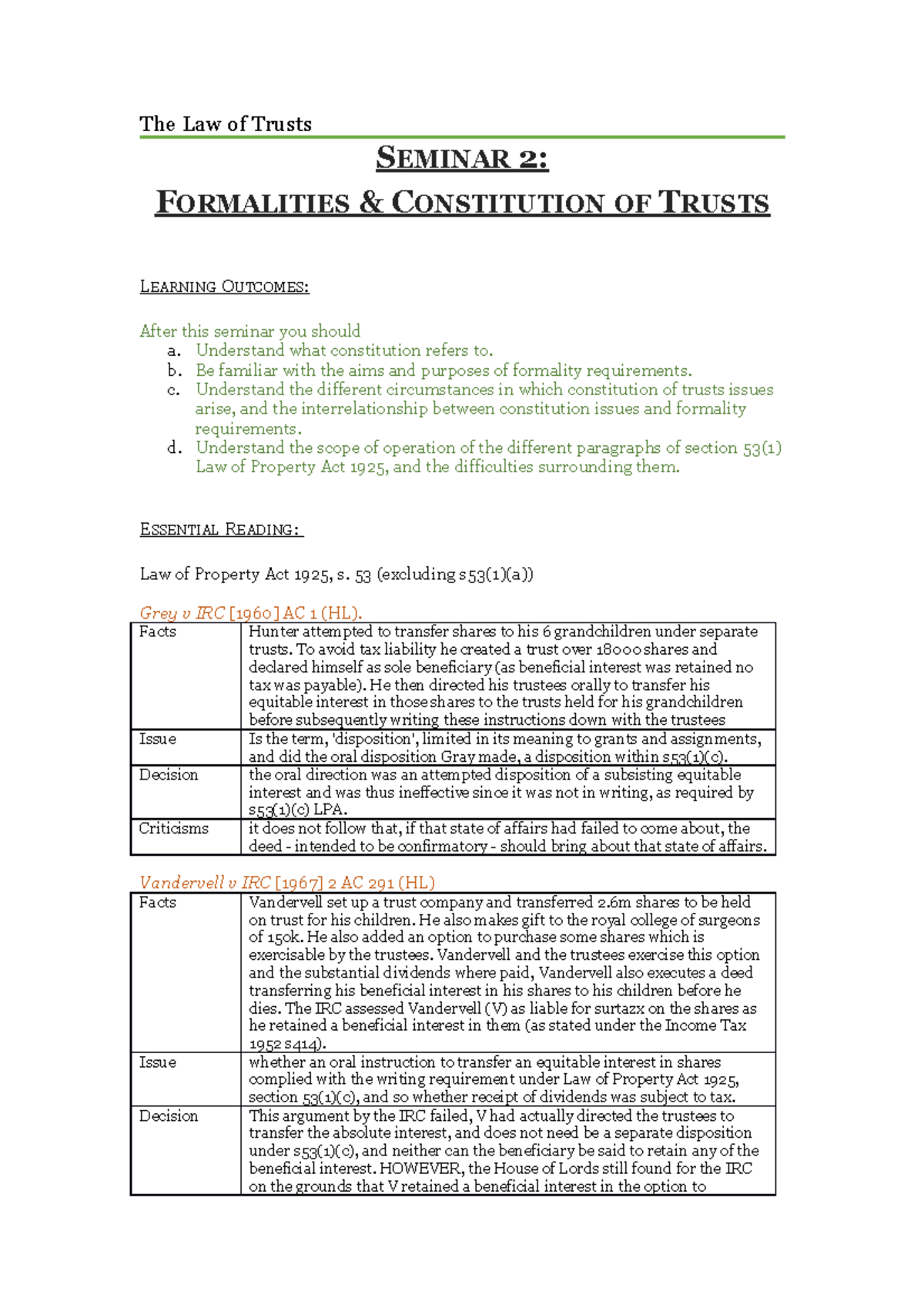 FORMALITIES & CONSTITUTION OF TRUSTS - The Law of Trusts S EMINAR 2: F ...