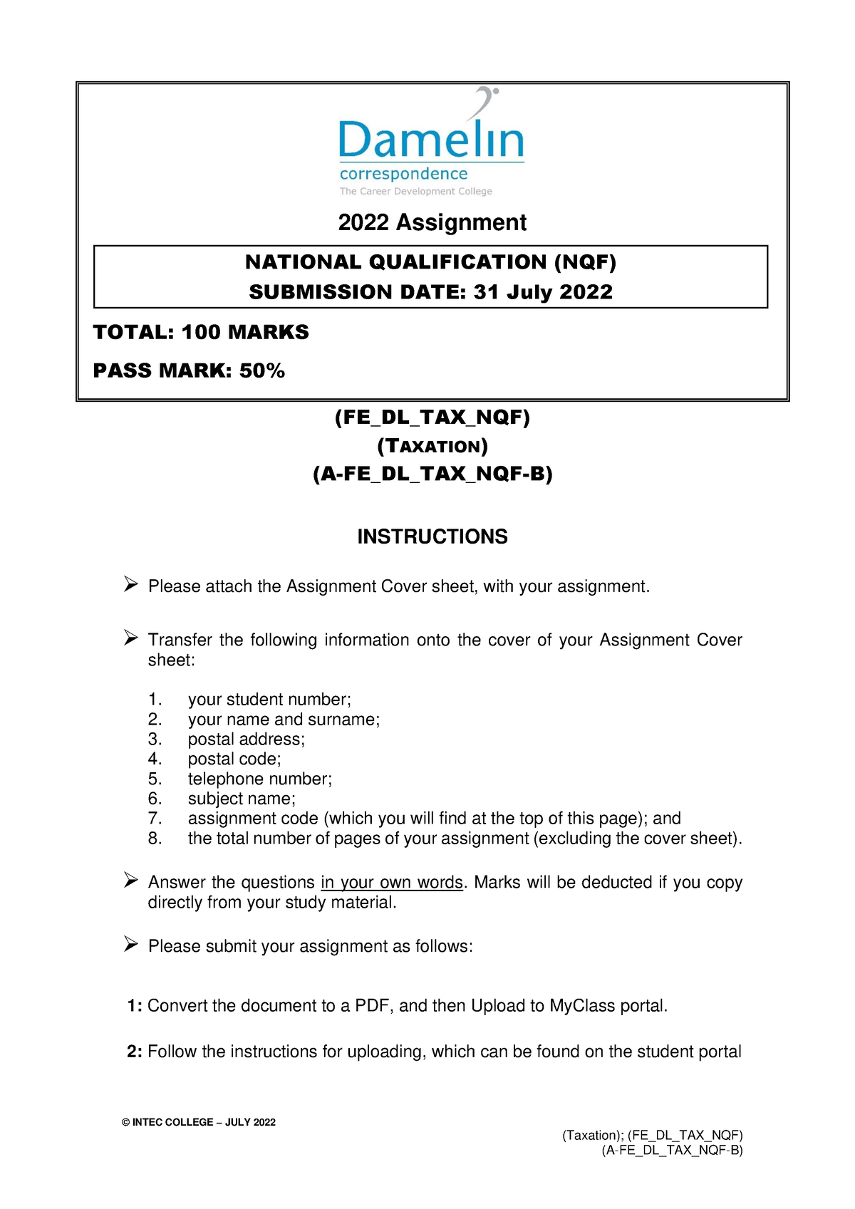 A-FE DL TAX NQF-B - Mandatory Assignment 2022 Damelin Correspondence ...