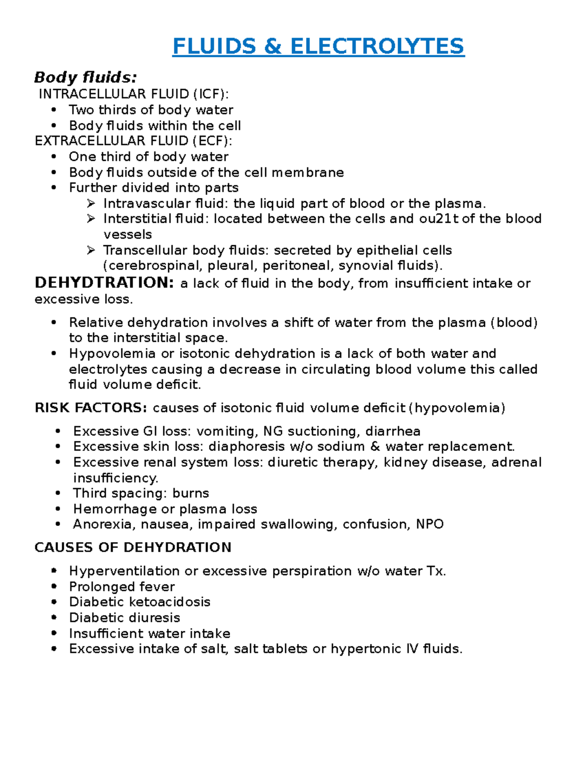 FluidandelectrolytesNclex review 2 FLUIDS & ELECTROLYTES Body fluids