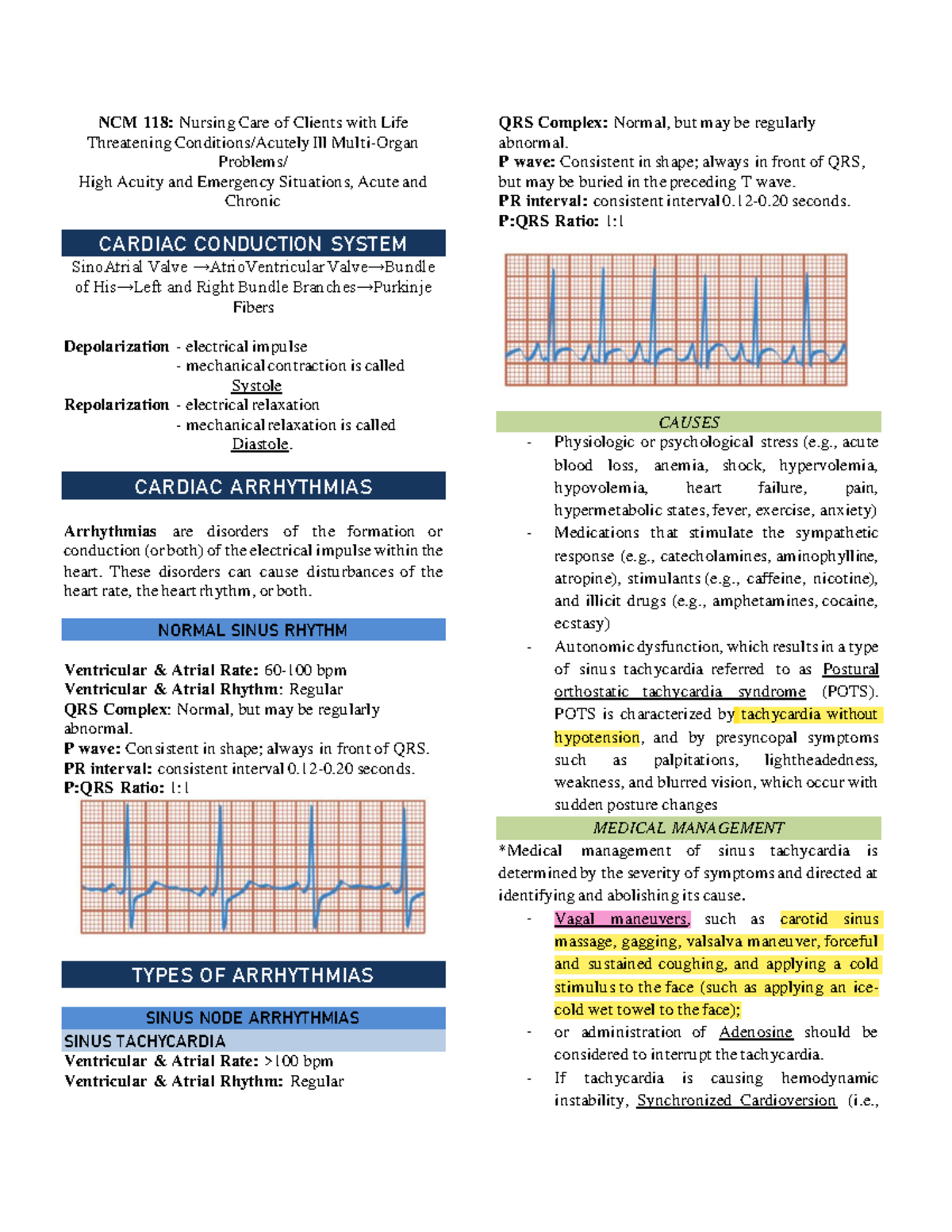 Cardiac-Arrhythmias-Handout - NCM 118: Nursing Care of Clients with ...