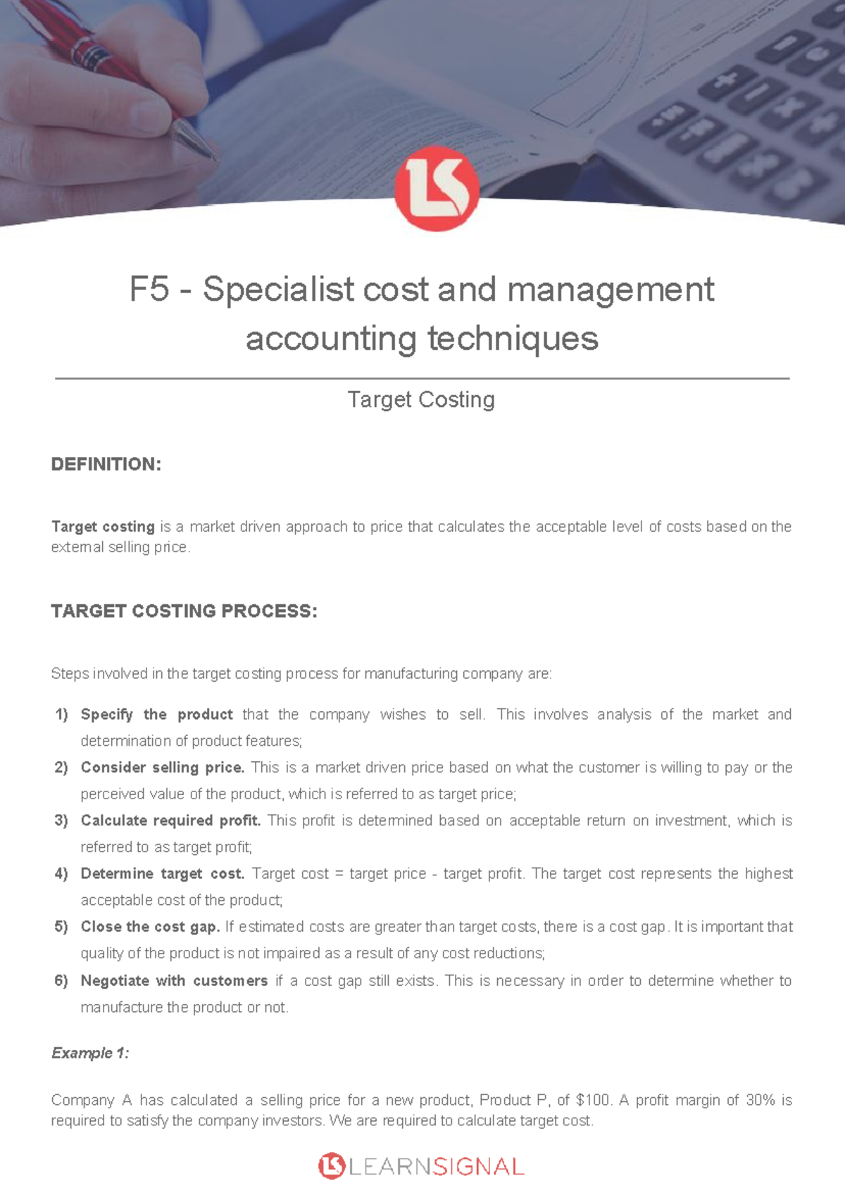 F5 01 target costing notes - F5 - Specialist cost and management ...