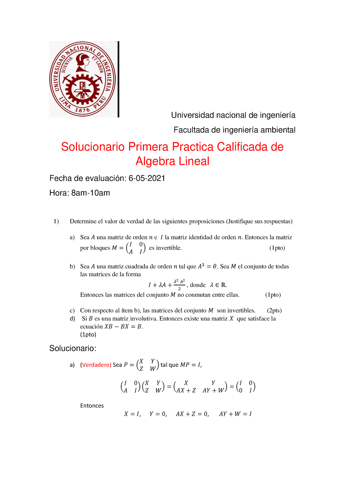 Solucionario de PC1 algebra lineal 2021 (1) - Universidad nacional de ...