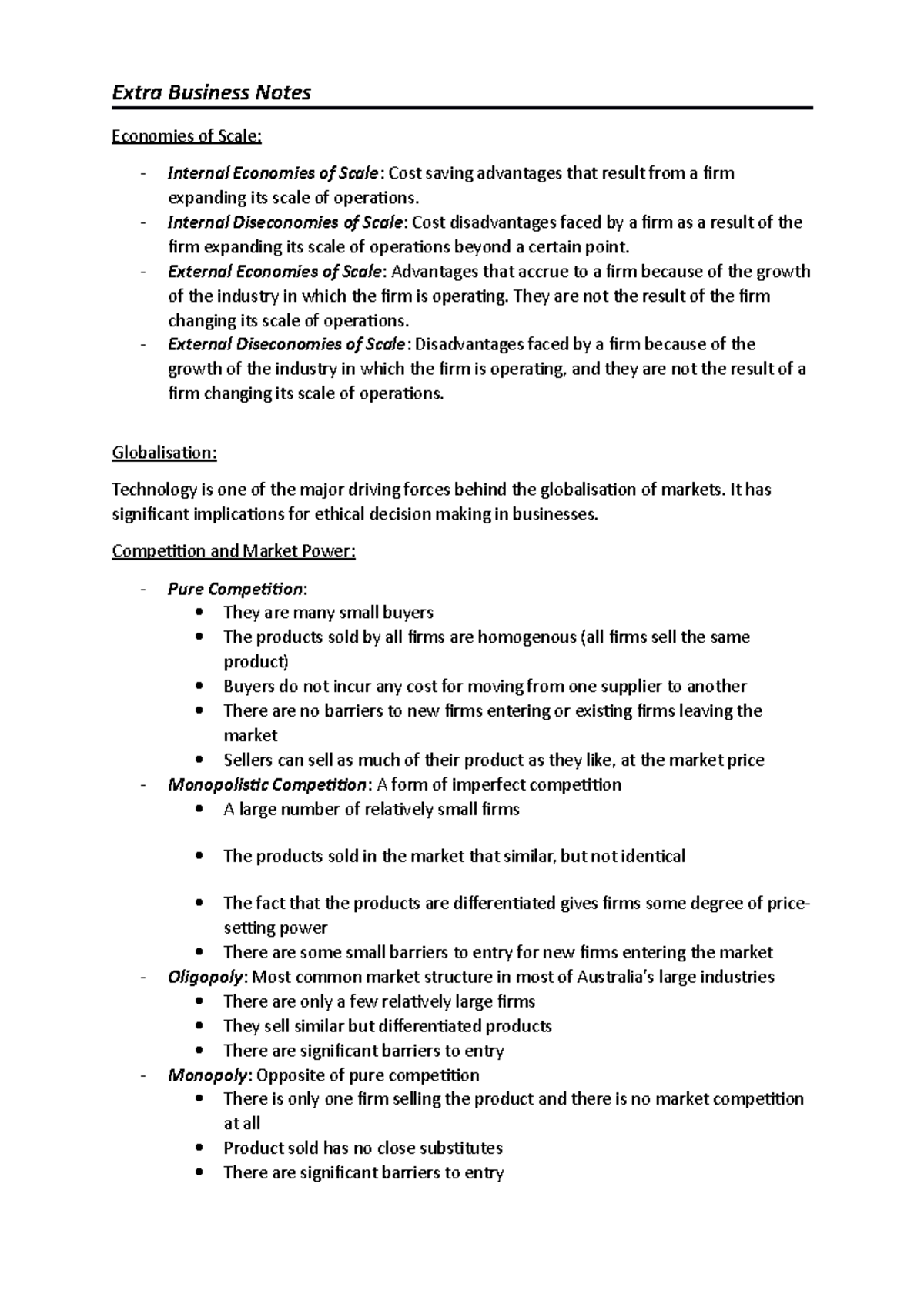 Extra Business Notes - Extra Business Notes Economies of Scale ...