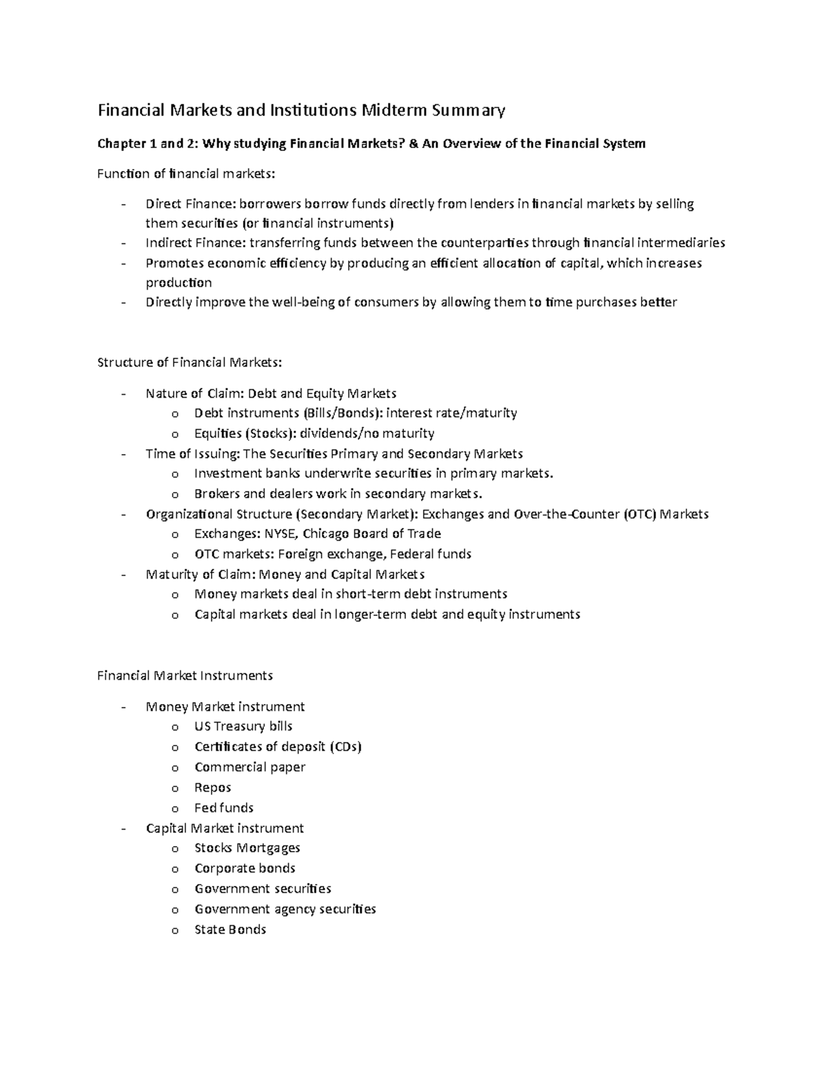 Financial Markets and Institutions Midterm Summary o Brokers and
