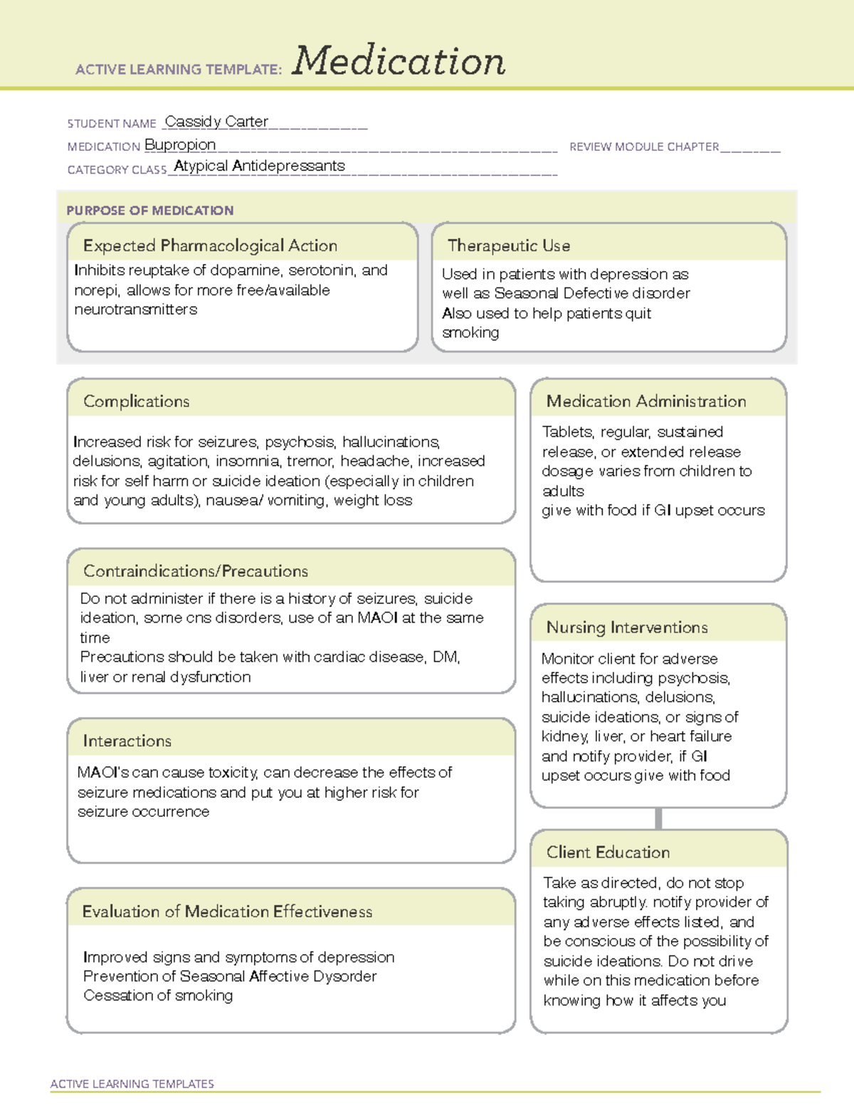 ATI Medication Bupropion ACTIVE LEARNING TEMPLATES Medication