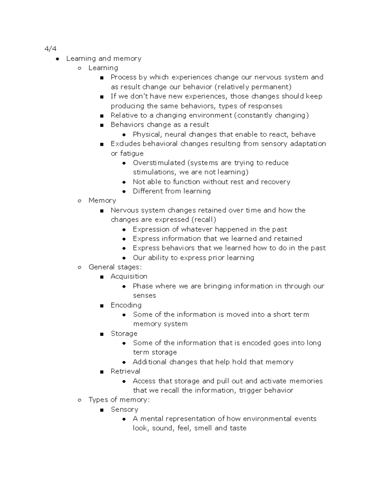 learning and memory biopsych notes - 4/ Learning and memory Learning ...