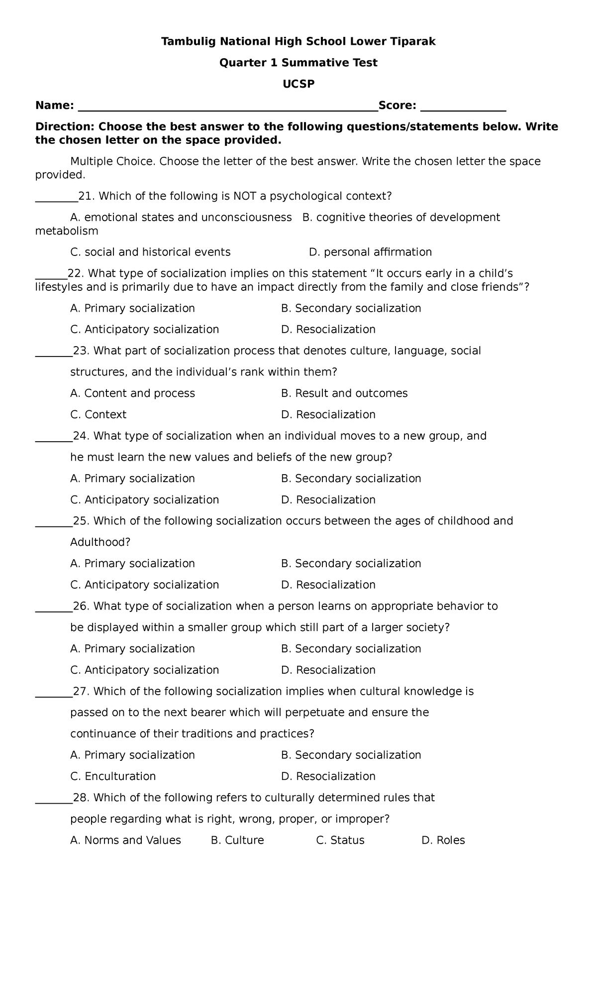 Summative Test UCSP Q1 1-20 - Copy - Tambulig National High School ...