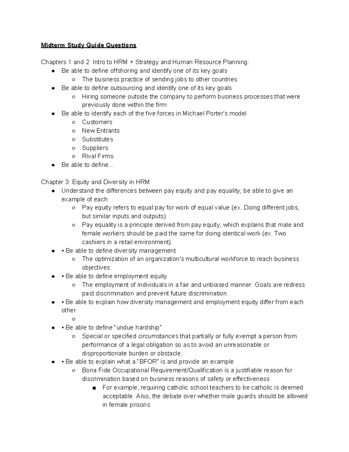 HRM - Midterm Study Guide - Midterm Study Guide Questions Chapters 1 ...