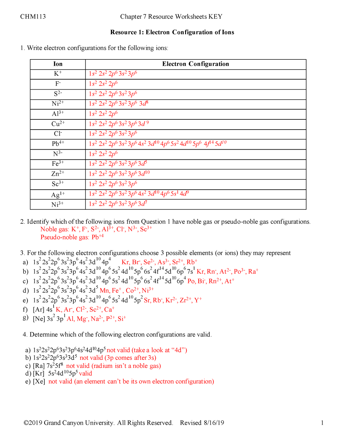 CHM113 T4 Ch7 Worksheets KEY Resource 1: Electron Configuration of