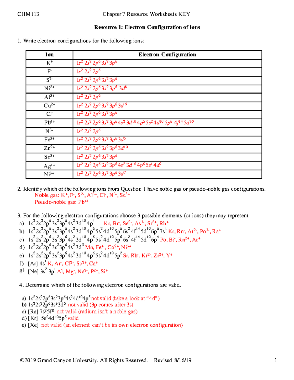 CHM113 T4 Ch7 Worksheets KEY - Resource 1: Electron Configuration of Ions Write  electron - Studocu