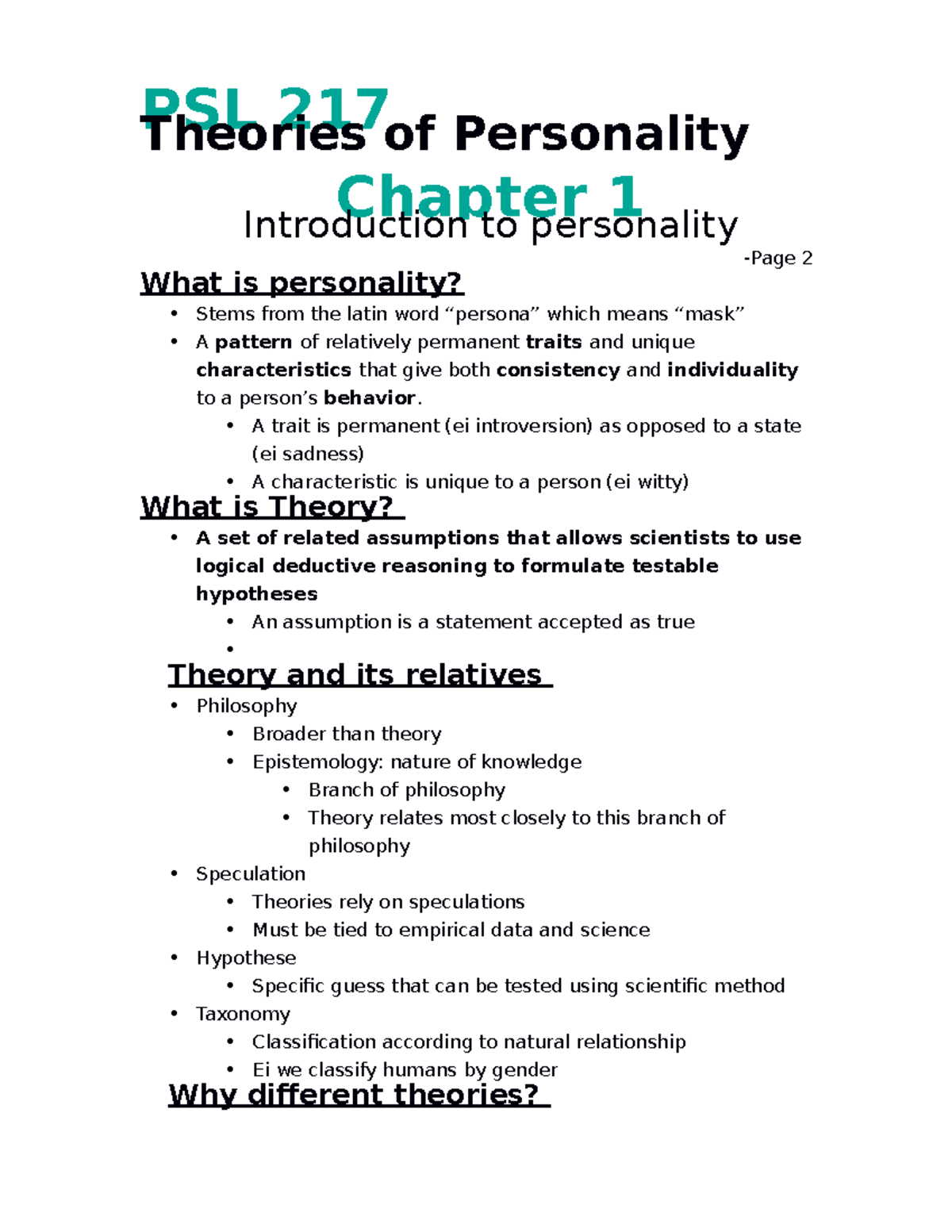 Class notes - PSL 217 - PSL 217 Theories of Personality Chapter 1 ...