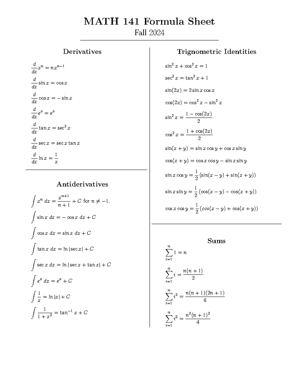 Formula Sheet - MATH 141 Formula Sheet Fall 2024 Derivatives d dx x n ...