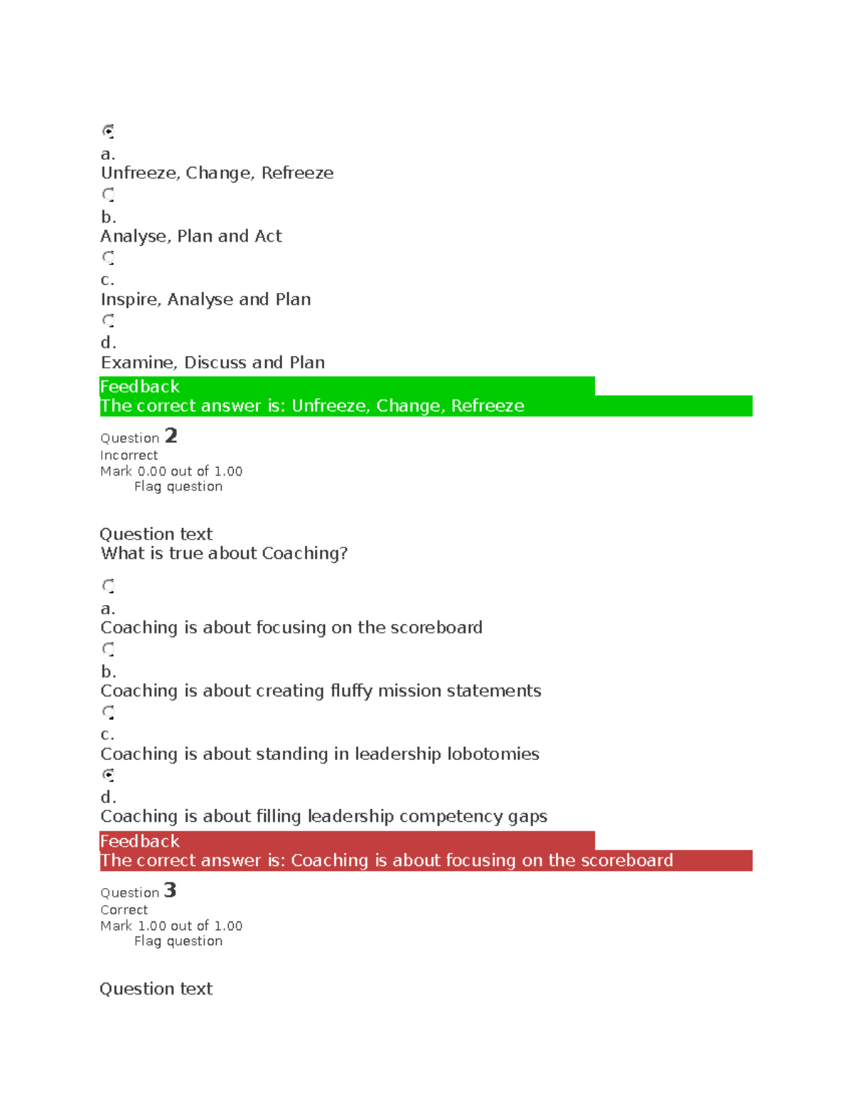 Review Quiz A Unfreeze Change Refreeze B Analyse Plan And Act