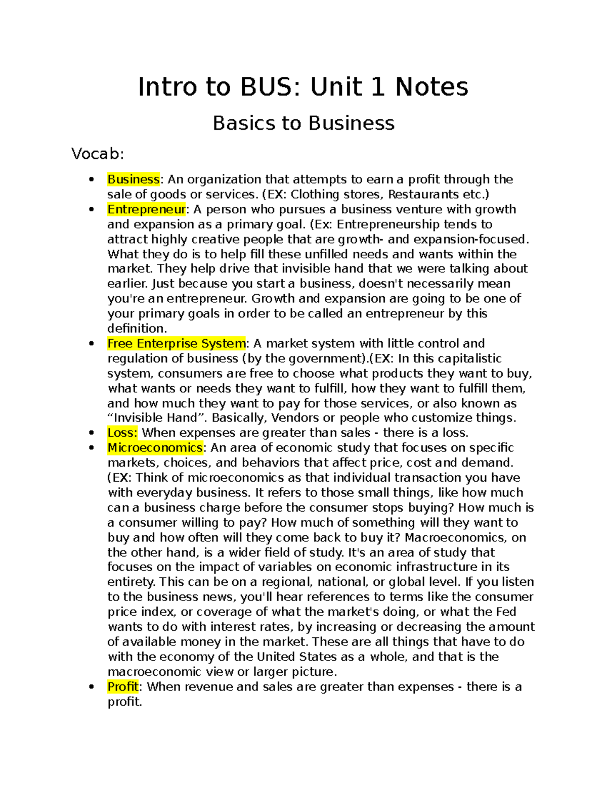 Unit 1 Notes - Intro To BUS: Unit 1 Notes Basics To Business Vocab ...